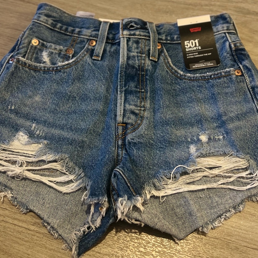 Levi's Blue Distressed Jean Shorts with Frayed Hem